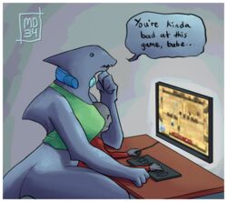  ambiguous_gender anon anthro blue_body blue_skin border bottomless clothed clothing dialogue duo english_text female fin fish furgonomics gaming larger_female marine md34 rebreather romantic romantic_couple shark shirt sitting size_difference straddling tank_top teeth text topwear white_border 