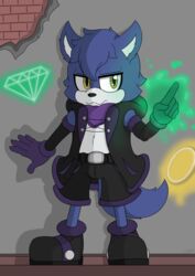  absurd_res alternative_fashion anthro aura bandana belt black_clothing blue_body blue_fur brick_wall canid canine canis clothing darknetic digital_media_(artwork) emerald_(gem) fan_character fur gem goth graffiti green_aura hi_res kagen_the_wolf kerchief male mammal ring sega shaded simple_background solo sonic_the_hedgehog_(series) wall_(structure) white_body white_fur wolf yellow_eyes 