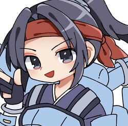  :d animification apex_legends armor black_eyes black_gloves black_hair chibi cloud_marauder_valkyrie female finger_gun gloves hair_behind_ear headband highres jetpack kokokokkoco official_alternate_costume open_mouth parted_bangs partially_fingerless_gloves ponytail red_headband smile solo valkyrie_(apex_legends) white_background 