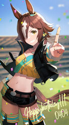  animal_ears black_jacket black_shorts black_thighhighs blurry blurry_background brown_hair commentary_request dated dolce_(dolsuke) female hair_over_one_eye happy_birthday highres horse_ears horse_girl horse_tail index_finger_raised jacket jewelry long_hair looking_at_viewer midriff navel necklace open_clothes open_jacket outdoors short_shorts shorts smile solo standing tail thighhighs thighs umamusume vodka_(umamusume) yellow_eyes 