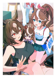  3girls alternate_costume animal_ears bag bare_shoulders black_tank_top border breasts brown_hair character_doll commentary ear_ornament green_skirt hair_between_eyes highres horse_ears horse_girl kneeling large_breasts long_hair multicolored_hair multiple_girls on_ground open_mouth ponytail purple_eyes shirt shorts sirius_symboli_(umamusume) skirt smile socks sparkle streaked_hair symbol-only_commentary symboli_rudolf_(umamusume) tank_top thighhighs tokai_teio_(umamusume) umamusume very_long_hair white_border white_hair white_shirt white_shorts white_socks white_thighhighs wooden_floor yoshida_(ne) 