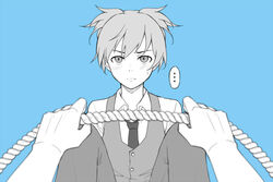  ... 1boy 1other ansatsu_kyoushitsu blue_background blush buttons closed_mouth collared_shirt commentary feet_out_of_frame gloves greyscale_with_colored_background holding holding_rope knees_up kunugigaoka_middle_school_uniform light_frown looking_at_viewer male_focus meipoi necktie pants pov rope school_uniform shiota_nagisa shirt short_hair simple_background solo_focus spoken_ellipsis sweatdrop twintails vest 