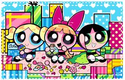  3girls black_hair blonde_hair blossom_(ppg) blue_dress blue_eyes bow bubbles_(ppg) buttercup_(ppg) chemicals commentary danishi dress fewer_digits gift green_dress green_eyes multiple_girls octi official_style open_mouth patterned_background pink_bow pink_dress pink_eyes powerpuff_girls siblings sisters smile stuffed_toy 