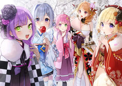  5girls ahoge alternate_hairstyle amane_kanata amane_kanata_(new_year) bandaged_leg bandages blonde_hair blue_eyes blue_hair blue_kimono blunt_bangs blush bow braid breasts candy_apple checkered_clothes checkered_kimono cold colored_inner_hair cup demon detached_collar detached_sleeves diagonal-striped_bow diagonal_stripes dragon_girl dragon_horns drill_hair floral_print flower food gradient_hair gradient_kimono green_eyes grey_hair hair_between_eyes hair_flower hair_ornament hair_over_shoulder hair_stick heterochromia highres himemori_luna himemori_luna_(new_year) holding holding_cup holding_food holoforce hololive horn_bow horn_flower horn_ornament horns japanese_clothes kanzashi kimono kiryu_coco kiryu_coco_(new_year) large_breasts long_hair long_sleeves looking_at_viewer medium_hair multicolored_hair multiple_girls off_shoulder official_alternate_costume omaru_(0marufestival) open_mouth orange_hair outdoors pink_eyes pink_hair pink_kimono pointy_ears purple_eyes purple_hair red_eyes red_kimono sarashi sheep_girl sheep_horns short_hair side_braid side_drill side_ponytail skindentation streaked_hair striped striped_bow takoyaki tokoyami_towa tokoyami_towa_(new_year) tree tsumami_kanzashi tsunomaki_watame tsunomaki_watame_(new_year) twin_braids virtual_youtuber white_kimono wide_sleeves 