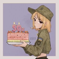  archirai azov_battalion bad_id bad_pixiv_id blonde_hair brown_eyes cake candle cigarette coat_of_arms crop_top english_commentary female food from_side fruit green_hat hat highres holding holding_plate jacket long_sleeves marichka medium_hair midriff military military_hat military_jacket military_uniform mouth_hold original patch plate shoulder_patch simple_background smoking solo tryzub ukraine ukrainian_flag uniform upper_body watermelon 