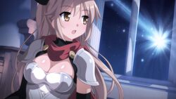  armor bedroom blush breastplate breasts brown_eyes brown_hair colored_eyelashes female game_cg large_breasts long_hair night non-web_source open_mouth pauldrons ponytail raelin_(sakura_fantasy) red_scarf sakura_fantasy scarf shoulder_armor solo star_(sky) wanaca window 