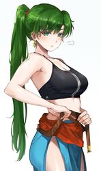  absurdres adapted_costume black_sports_bra breasts cosplay earrings female fire_emblem fire_emblem:_the_blazing_blade green_eyes green_hair highres jewelry large_breasts long_hair looking_at_viewer lyn_(fire_emblem) lyn_(fire_emblem)_(cosplay) medium_support_(meme) meme miru_(ormille) mole mole_under_eye ormille ponytail solo sports_bra triple_vertical_stripe undressing 