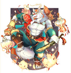  4_toes 5_fingers abs anthro beard biceps biped bottomwear canid canine canis claws clothed clothing derose facial_hair feet fingers flags fur grey_body grey_fur grey_tail holding_mirror holding_object holding_weapon humanoid_hands lamp lantern law_(sdorica) male mammal mask mirror muscular muscular_anthro muscular_male nipples open_mouth orange_eyes pawpads pecs sdorica tail toes topwear weapon wolf yellow_sclera 