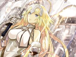  blonde_hair blue_eyes breasts chains fate/apocrypha fate/grand_order fate_(series) feathers female flag gauntlets jeanne_d&#039;arc_(fate) jeanne_d&#039;arc_(third_ascension)_(fate) kazabana_fuuka light_rays long_hair solo sword weapon 