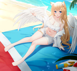  absurdres animal_ears bare_shoulders barefoot beach beach_mat blonde_hair blue_eyes breasts cat_ears cleavage collarbone feathered_wings female highres jacket large_breasts long_hair long_sleeves looking_at_viewer midriff navel off_shoulder open_clothes open_fly open_jacket open_mouth original shenqi_(toid310) short_shorts shorts sitting smile solo stomach strapless thighs tube_top very_long_hair white_jacket white_shorts wings 