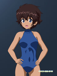  artist_name ass_visible_through_thighs black_background blue_eyes blue_one-piece_swimsuit brown_hair commentary covered_navel cowboy_shot dark-skinned_female dark_skin dated female girls_und_panzer halterneck hands_on_own_hips highres looking_at_viewer naotosi one-piece_swimsuit open_mouth school_swimsuit short_hair simple_background smile solo standing suzuki_(girls_und_panzer) swimsuit 