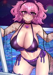  bikini breasts crawling_dreams curvy double_bun fangs female hair_bun hand_on_railing heart-shaped_lock highres huge_breasts lace large_breasts night night_sky osiimi penny_(crawling_dreams) pink_eyes pink_hair pool poolside purple_bikini railing side-tie_bikini_bottom sky swimsuit thick_thighs thighs twintails 