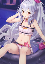  :t absurdres bare_arms bare_legs bare_shoulders bikini bikini_skirt breasts brown_eyes closed_mouth collar female frown granblue_fantasy highres innertube long_hair looking_at_viewer medusa_(shingeki_no_bahamut) medusa_(summer)_(granblue_fantasy) midriff navel pointy_ears ponytail pout sidelocks small_breasts solo spaghetti_strap stomach swim_ring swimsuit v-shaped_eyebrows very_long_hair water wet white_bikini white_hair yonkumi_(gatling033) 