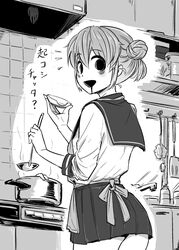  4shi :d apron ass bags_under_eyes bottle commentary_request cooking cooking_pot cowboy_shot dango-chan_(4shi) drooling faucet female food_bite from_behind greyscale hair_bun hands_up highres holding holding_ladle holding_plate hollow_eyes indoors kitchen ladle looking_at_viewer looking_back monochrome notice_lines open_mouth original plate pleated_skirt sailor_collar school_uniform serafuku shirt short_hair skirt smile solo spatula stove tasting_plate tile_wall tiles translated when_you_see_it 