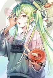  absurdres clothes_writing commentary donut_hole_(vocaloid) doughnut english_text female food green_eyes green_hair hair_between_eyes hatsune_miku highres jewelry long_hair long_sleeves looking_at_viewer ok_sign ok_sign_over_eye open_mouth pipi ring solo sweater twintails upper_body vocaloid white_sweater 