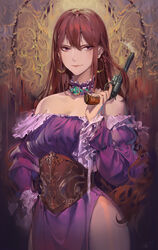  bare_shoulders braid chinese_commentary closed_mouth commentary corset damiaodi detached_collar dress earrings facial_tattoo female frilled_dress frilled_sleeves frills gun hand_on_own_hip handgun highres holding holding_gun holding_weapon hoop_earrings jewelry light_smile long_hair looking_at_viewer off-shoulder_dress off_shoulder original puffy_sleeves purple_dress purple_eyes red_hair revolver side_slit solo standing tattoo weapon 