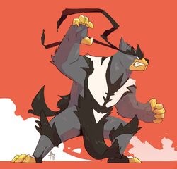  bear borkthunder claws clenched_teeth commentary english_commentary fighting_stance full_body highres no_humans orange_background pokemon pokemon_(creature) signature simple_background solo standing teeth urshifu urshifu_(single) 