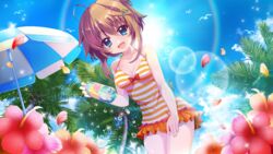  ahoge bird blue_eyes blue_sky blue_umbrella bottle bow breasts brown_hair casual_one-piece_swimsuit cleavage cloud coconut coconut_tree collarbone day dripping female film_grain flower frilled_one-piece_swimsuit frills from_below game_cg hair_ornament hairclip hand_on_own_leg hand_on_own_thigh hibiscus hibiscus_petals holding holding_bottle izumi_tsubasu lens_flare looking_at_viewer medium_breasts multicolored_clothes multicolored_swimsuit multicolored_umbrella non-web_source official_art one-piece_swimsuit open_mouth orange_one-piece_swimsuit orange_skirt orange_stripes outdoors palm_tree petals pink_flower plastic_bottle polka_dot polka_dot_bow rainbow re:stage! red_bow seagull shikimiya_mana short_hair skirt sky smile solo sparkle striped_clothes striped_one-piece_swimsuit sun swimsuit tree umbrella white_one-piece_swimsuit white_polka_dots white_stripes white_umbrella 