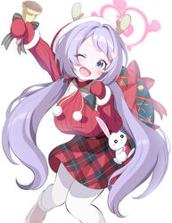  absurdres alternate_costume bazz000033 bell blue_archive blue_eyes blurry blush bow breasts dot_nose fake_antlers feet_out_of_frame fur-trimmed_headwear fur-trimmed_sleeves fur_trim gloves hair_ornament halo hanae_(blue_archive) hanae_(christmas)_(blue_archive) hand_up head_tilt heart heart_hair_ornament highres holding holding_bell holding_sack holly_hair_ornament knees_together_feet_apart large_breasts long_hair looking_at_viewer low_twintails miniskirt mittens official_alternate_costume one_eye_closed open_mouth pantyhose plaid plaid_skirt pom_pom_(clothes) purple_hair red_bow red_gloves red_headwear red_mittens red_skirt red_sweater ribbed_sweater ribbon sack santa_costume santa_gloves shirt_tucked_in simple_background skirt smile standing star_(symbol) stuffed_animal stuffed_rabbit stuffed_toy sweater swept_bangs twintails white_background white_footwear white_pantyhose white_ribbon 