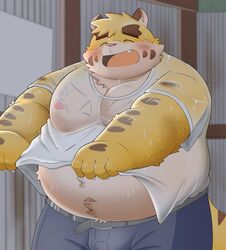  2023 anthro belly big_belly blush bottomwear closed_eyes clothing cute_fangs felid hi_res kemono male mammal moobs navel nipples overweight overweight_male pantherine pants puss3250 shirt solo tiger topwear wet wet_clothing wet_shirt wet_topwear 