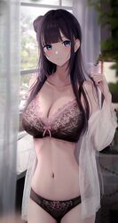  absurdres black_hair blue_eyes blush bra breasts cleavage collarbone commentary eyebrows_hidden_by_hair female highres inaka_44 large_breasts lingerie long_hair looking_at_viewer navel original panties solo stomach symbol-only_commentary underwear 