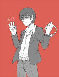  1boy akabane_karma ansatsu_kyoushitsu ball_gag belt between_fingers blazer chains collared_shirt commentary cowboy_shot dress_shirt gag greyscale_with_colored_background holding holding_gag jacket lapels long_sleeves looking_at_viewer male_focus meipoi notched_lapels open_clothes open_collar open_jacket open_mouth pants red_background shaded_face shirt shirt_tucked_in short_hair simple_background smile solo translation_request unworn_gag 