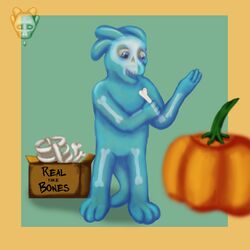  1:1 anthro bone clothing costume english_text food fruit halloween hi_res holidays male plant pumpkin skelleton skull slime_dragon solo text theslimedragon translucent translucent_body 