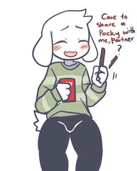  4:5 asriel_dreemurr black_bottomwear black_clothing black_pants blush bottomwear bovid caprine closed_eyes clothing conditional_dnp crybleat english_text food fur goat male mammal monster pants pocky shaking smile solo text undertale undertale_(series) white_body white_fur young 