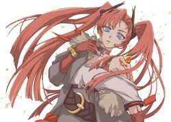  arknights belt blue_eyes bonjirix collar dragon_horns female fingernails fur-trimmed_jacket fur_trim highres horns jacket leaning_to_the_side long_hair material_growth oripathy_lesion_(arknights) red_hair sharp_fingernails toddifons_(arknights) twintails 