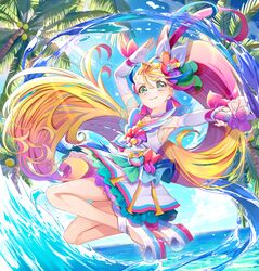  absurdres armpits bare_legs blonde_hair blue_hair bow choker crop_top cure_summer earrings elbow_gloves female flower full_body gloves gradient_hair green_eyes hair_flower hair_ornament hibiscus highres holding holding_wand jewelry long_hair looking_at_viewer magical_girl multicolored_eyes multicolored_hair natsuumi_manatsu neckerchief ocean palm_tree pink_bow pink_eyes pink_hair pouch precure shoes side_ponytail skirt smile solo tree triangle_earrings tropical-rouge!_precure very_long_hair wand water white_footwear white_gloves white_neckerchief white_skirt wrist_bow yuutarou_(fukiiincho) 