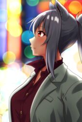  animal_ear_fluff animal_ears blurry blurry_background breasts brown_shirt collared_shirt commentary_request depth_of_field dress_shirt female formal grey_hair hair_between_eyes jacket medium_breasts open_clothes open_jacket original ponytail profile red_eyes shachoo. shirt sidelocks solo suit upper_body white_jacket wolf_ears 