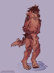  anthro canid canine canis claws club_foot disability fur green_eyes hair hi_res male mammal messy_hair nipples pronghornpunk red_body red_fur scoliosis shy simple_background solo stripes tusks wolf 