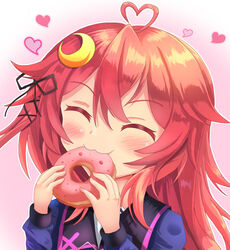  :3 ^_^ ahoge black_ribbon blue_shirt blush closed_eyes closed_mouth commentary_request crescent crescent_hair_ornament doughnut eating facing_viewer female food gradient_background hair_between_eyes hair_ornament hair_ribbon hands_up heart heart_ahoge holding holding_food kantai_collection long_hair long_sleeves pink_background puffy_long_sleeves puffy_sleeves red_hair ribbon shirt sills solo upper_body uzuki_(kancolle) white_background 