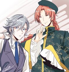  2boys braid butler chinese_clothes closed_eyes fighting_stance floral_print genderswap_(ftm) gloves grey_hair height_difference hong_meiling izayoi_sakuya long_sleeves male_focus multiple_boys necktie red_hair rose_print rule_63 short_hair single_braid souta_(karasu_no_ouchi) touhou vest white_gloves wide_sleeves 