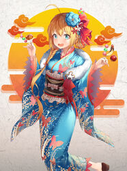  2021 absurdres ahoge animal_print aqua_eyes blue_eyes blue_kimono blush braid butterfly_print candy_apple chocolate_banana cloud_print dango dango_hair_ornament female flower food food-themed_hair_ornament frills hair_between_eyes hair_flower hair_ornament hair_ribbon highres holding holding_food japanese_clothes kimono long_hair long_sleeves looking_at_viewer obi onigiri_ornament onigiri_print open_mouth orange_hair pecorine_(new_year)_(princess_connect!) pecorine_(princess_connect!) pinky_out princess_connect! red_ribbon ribbon sash side_braid snack solo takoyaki w_wonjin wagashi wide_sleeves yukata 