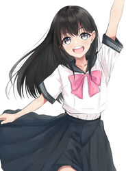  absurdres akebi-chan_no_serafuku akebi_komichi bad_id bad_pixiv_id black_hair black_sailor_collar black_skirt blue_bow blue_eyes blue_neckerchief blunt_bangs bow female highres long_hair looking_at_viewer neckerchief open_mouth pleated_skirt roubai_academy_school_uniform_(old) round_teeth sailor_collar school_uniform shirt short_sleeves simple_background skirt solo summer_uniform teeth tomoe_(tomoe_200) upper_teeth_only white_background white_shirt 