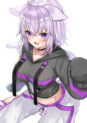  absurdres animal_collar animal_ears blush breasts cat_ears cat_tail collar collarbone female hair_between_eyes highres hololive large_breasts looking_at_viewer navel nekomata_okayu nekomata_okayu_(1st_costume) nemun_(tamizzz) open_mouth pants purple_hair short_hair simple_background solo tail virtual_youtuber white_background 