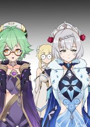  3girls absurdres bare_shoulders blonde_hair bwcloud choker cicin_mage_(genshin_impact) cloak collarbone cosplay cryo_cicin_mage_(genshin_impact) cryo_cicin_mage_(genshin_impact)_(cosplay) delusion_(genshin_impact) diamond_(gemstone) dress electro_cicin_mage_(genshin_impact) electro_cicin_mage_(genshin_impact)_(cosplay) eyelashes flower fur-trimmed_hood fur_trim genshin_impact glasses green_hair hair_flower hair_ornament highres hood hooded_cloak leotard long_sleeves lumine_(genshin_impact) mask multiple_girls noelle_(genshin_impact) o_o purple_cloak purple_leotard semi-rimless_eyewear short_hair simple_background sucrose_(genshin_impact) trait_connection unworn_mask white_dress white_flower white_hair wide-eyed 