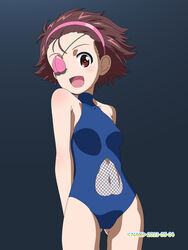  :d arms_behind_back artist_name ass_visible_through_thighs black_background blue_one-piece_swimsuit brown_eyes brown_hair clothing_cutout commentary cowboy_shot dated eyepatch female fishnets food fruit girls_und_panzer hair_pulled_back hairband halterneck head_tilt highres looking_at_viewer momogaa_(girls_und_panzer) naotosi navel navel_cutout one-piece_swimsuit open_mouth peach pink_hairband school_swimsuit short_hair smile solo standing swimsuit 