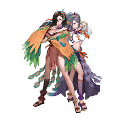  2girls absurdres bead_necklace beads breasts brown_eyes brown_hair cleavage commentary ekao english_commentary feet fire_emblem fire_emblem_fates fire_emblem_heroes full_body hand_up highres jewelry kagero_(fire_emblem) kagero_(winds_offered)_(fire_emblem) large_breasts legs looking_at_viewer midriff multiple_girls necklace official_alternate_costume official_art orochi_(fire_emblem) orochi_(winds_offered)_(fire_emblem) pelvic_curtain pinwheel_hair_ornament purple_eyes purple_hair sandals second-party_source simple_background smile toenails toes white_background 