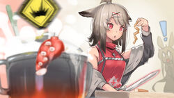  ! 0_0 2girls :o amiya_(arknights) animal_ears arknights arm_up bare_shoulders blush brown_hair cooking cutter_(arknights) cutting_board food fox_ears fox_tail gradient_hair grey_jacket hair_ornament hairclip hellnyaa highres holding holding_food holding_knife jacket jewelry knife long_sleeves multicolored_hair multiple_girls necklace open_clothes open_jacket open_mouth pot rabbit_ears red_eyes red_shirt shirt solo_focus spring_(season) surprised tail tentacle topknot upper_body x_hair_ornament 