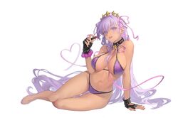  arm_support barefoot bb_(fate) bb_(swimsuit_mooncancer)_(fate) bb_(swimsuit_mooncancer)_(second_ascension)_(fate) bead_bracelet beads bikini black_gloves bracelet breasts collar cosmetics dark-skinned_female dark_skin earrings fate/grand_order fate_(series) female fingerless_gloves gloves hair_ornament hair_ribbon heart highres jewelry large_breasts legs lipstick_tube long_hair may_(2747513627) navel parted_lips pink_nails pink_ribbon purple_bikini purple_eyes purple_hair ribbon simple_background sitting smile solo star_(symbol) star_earrings star_hair_ornament swimsuit tan thigh_gap toes very_long_hair white_background 