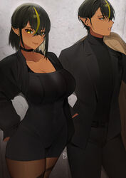  2girls absurdres black_choker black_delmo black_hair black_jacket black_legwear black_shirt breasts choker closed_mouth commentary dark-skinned_female dark_skin dress earclip earrings formal green_eyes green_hair hand_in_pocket highres jacket jewelry large_breasts lilycious looking_at_viewer medium_hair mole mole_under_mouth multicolored_hair multiple_girls original pantyhose parted_lips pointy_ears shirt short_dress short_hair smile streaked_hair stud_earrings suit suit_jacket 