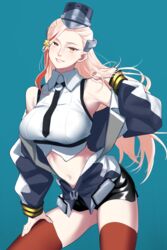  bare_shoulders black_necktie black_skirt blonde_hair blue_background breasts collared_shirt crop_top cropped_shirt female hand_on_own_thigh hat headgear highres jacket kantai_collection large_breasts long_hair long_sleeves looking_at_viewer massachusetts_(kancolle) military_hat multicolored_clothes multicolored_hair multicolored_jacket navel necktie off_shoulder open_clothes open_jacket parted_lips red_eyes red_hair red_thighhighs shingyou_(alexander-13) shirt side_slit skirt sleeveless sleeveless_shirt smile solo streaked_hair thighhighs two-tone_hair two-tone_jacket white_shirt 