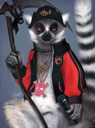  absurdres animal animalization bad_id bad_pixiv_id baseball_cap black_headwear black_jacket clothed_animal commentary_request cosplay ears_through_headwear grey_background half-closed_eye hat highres holding holding_microphone holding_scythe hololive hololive_english jacket lemur long_sleeves looking_at_viewer microphone mori_calliope mori_calliope_(cosplay) mori_calliope_(streetwear) no_humans open_clothes open_jacket puffy_long_sleeves puffy_sleeves red_eyes scythe signature simple_background striped_tail tail tama_yu uneven_eyes virtual_youtuber 