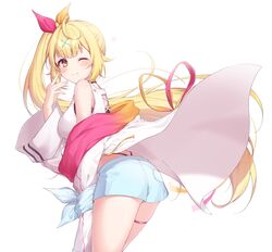  absurdres bare_shoulders blonde_hair blue_shorts blush breasts choker closed_mouth female from_behind hair_ornament hair_ribbon hand_up highres hoshikawa_sara hoshikawa_sara_(1st_costume) jacket long_hair long_sleeves looking_at_another looking_at_viewer nijisanji one_eye_closed red_ribbon ribbon shirt short_shorts shorts side_ponytail simple_background small_breasts smile solo star_(symbol) tank_top thigh_strap very_long_hair virtual_youtuber white_background white_jacket white_tank_top wide_sleeves x_hair_ornament yellow_eyes yellow_ribbon zky_(oekaky) 