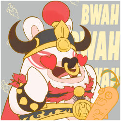 1:1 absurd_res anthro armor belt black_helmet black_nose bodypaint border buckteeth_(lower_incisors) bust_portrait cape clothed clothed_anthro clothed_male clothing club_(weapon) colored_line_art digital_drawing_(artwork) digital_media_(artwork) english_description face_paint facial_piercing flat_colors fur grey_background hands_on_own_face headgear heart_eyes heart_symbol helmet hi_res horn horned_helmet infatuation king lagomorph long_ears male male_anthro mammal melee_weapon mitten_hands multicolored_body no_eyebrows nose_piercing nose_ring official_art open_mouth open_smile orange_line_art pattern_background piercing pink_tongue portrait rabbid rabbid_bull_king rabbids:_party_of_legends raving_rabbids rayman_(series) red_cape red_clothing red_eyes ring_piercing royalty simple_background smile solo tan_body tan_inner_ear tan_skin text tongue two_tone_body ubisoft unknown_artist weapon white_body white_border white_fur yellow_belt 
