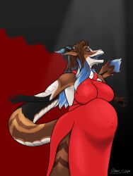  3:4 absurd_res anthro arms_out artist_name bbear belly big_belly big_breasts biped blue_claws blue_tongue breasts claws closed_eyes clothed clothing dated digital_media_(artwork) dragon dress eyelashes female fingers hair hi_res horn long_dress long_hair long_tail markings multicolored_body multicolored_hair multicolored_horn multicolored_tail mythological_creature mythological_scalie mythology navel_outline open_mouth opera pointy_ears pregnant pregnant_anthro pregnant_female red_clothing red_dress scalie shaded signature simple_background singing smile solo spotlight standing tail tail_markings text thick_thighs thigh_slit tongue wide_hips 