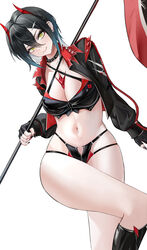  absurdres azur_lane bad_id bad_pixiv_id black_choker black_footwear black_hair black_jacket black_panties blush breasts chinese_commentary choker closed_mouth commentary_request ear_piercing female flag hai_binggan highres holding holding_flag jacket kneehighs large_breasts long_sleeves looking_at_viewer midriff navel navel_piercing official_alternate_costume open_clothes open_jacket panties piercing race_queen short_hair simple_background smile socks solo stomach thighs ulrich_von_hutten_(azur_lane) ulrich_von_hutten_(ignition_matrician)_(azur_lane) underwear white_background yellow_eyes 