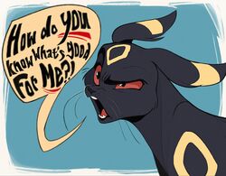  ambiguous_gender argument black_body black_fur eeveelution english_text eyebrows feral fur generation_2_pokemon nintendo offscreen_character pokemon pokemon_(species) raised_eyebrow red_eyes solo southpauz speech_bubble text umbreon whiskers yellow_body yellow_fur 